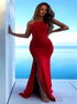 Red Mermaid Backless Slit Satin Prom Dresses LBQ0717